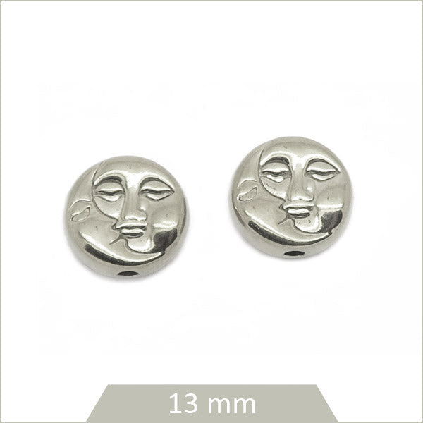 2 perles rondes plates têtes de lunes en acier inoxydable argenté