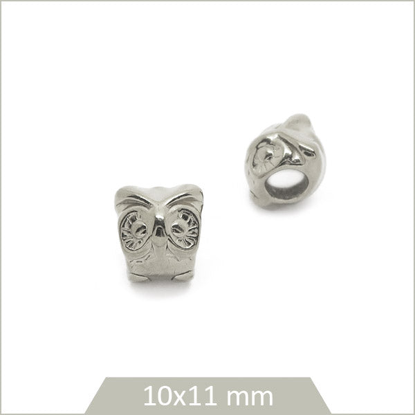 2 perles hiboux en acier inoxydable argenté