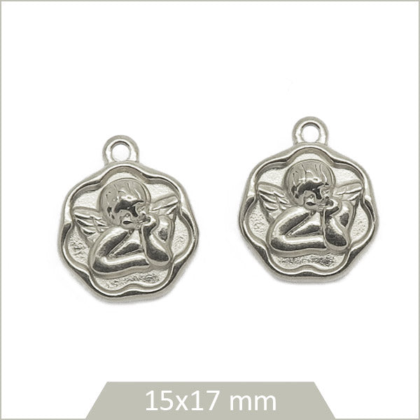 2 breloques anges dans cabochons floraux en acier inoxydable