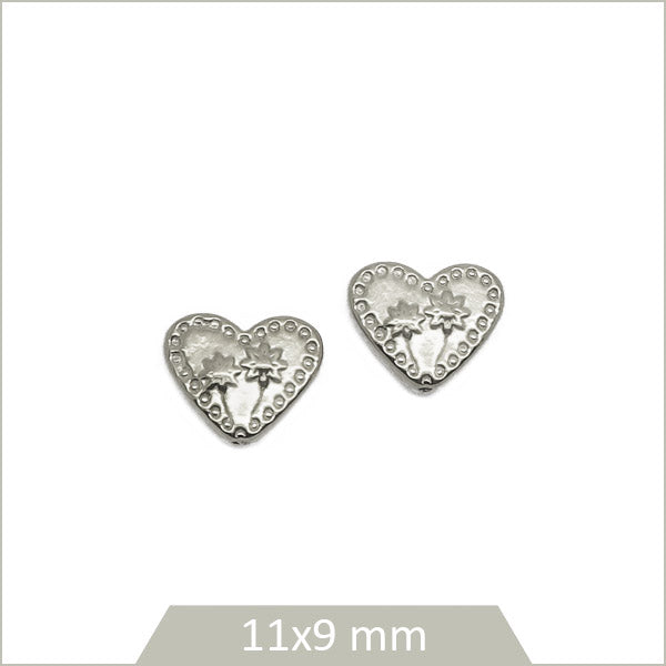2 perles coeurs motif floral en acier inoxydable