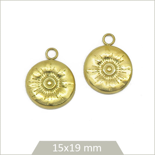 2 breloques rondes soleil acier doré inoxydable