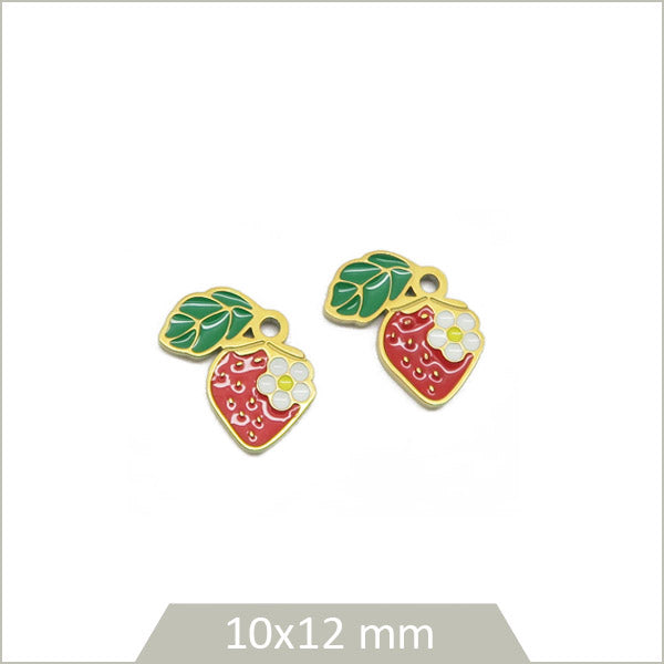2 breloques fraise en acier doré et effet émail coloré