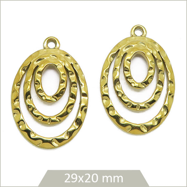 2 breloques ovales texturées en acier inoxydable 304 doré