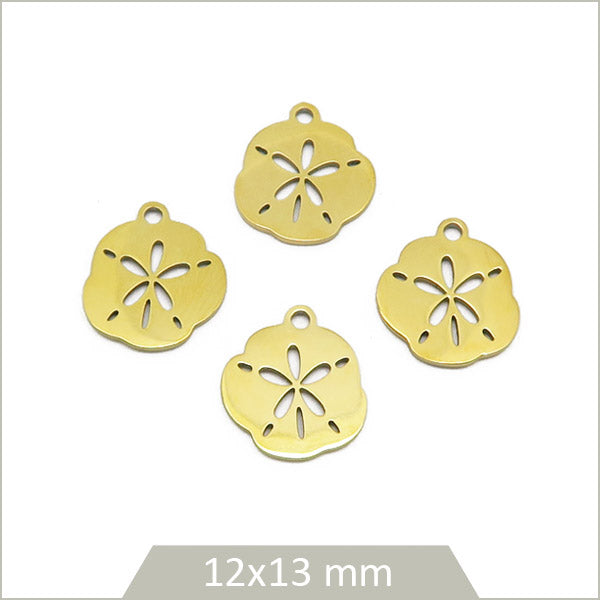 4 breloques circulaires motif floral en acier doré