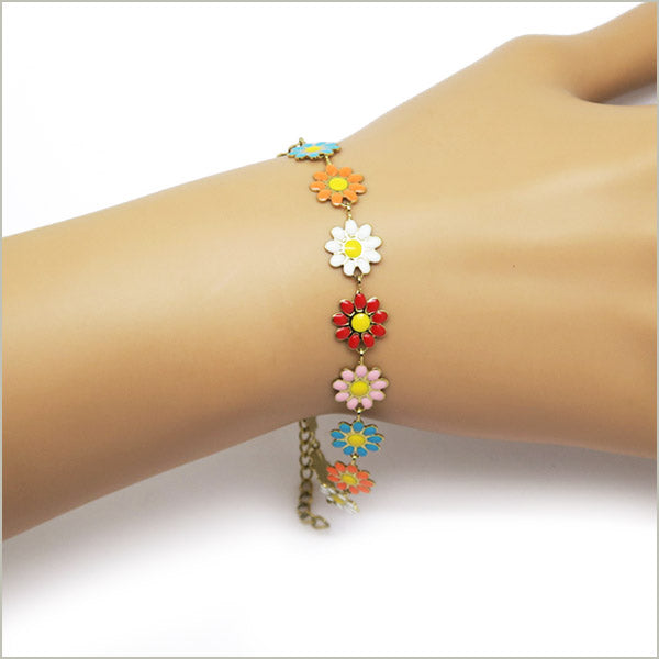 1 bracelet maillons marguerite émaillée acier inoxydable doré 17 cm