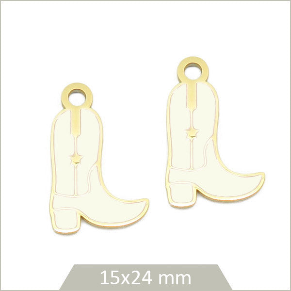 2 breloques santiag en acier inoxydable doré et effet émail blanc