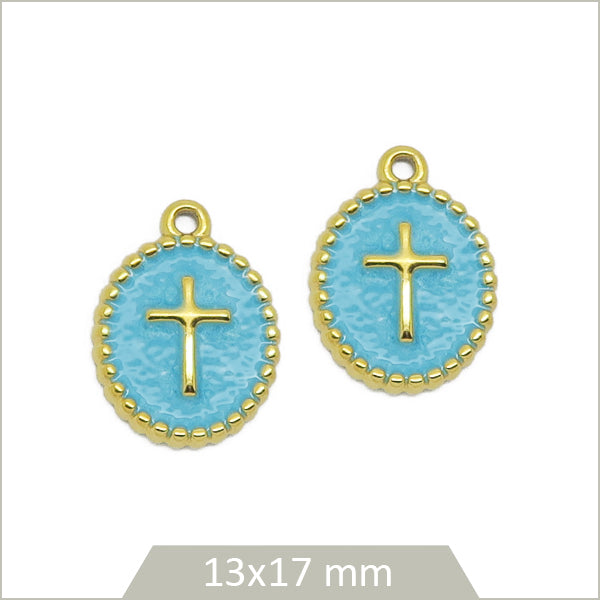 2 médaillons ovales bleus croix en acier inoxydable doré