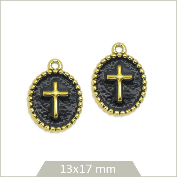 2 médaillons ovales noirs croix en acier inoxydable doré