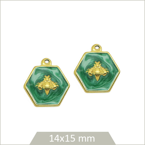 2 breloques hexagonales vertes en acier inoxydable doré