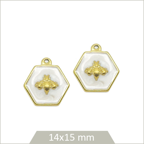 2 breloques hexagonales blanches en acier inoxydable doré