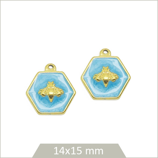 2 breloques hexagonales bleues en acier inoxydable doré