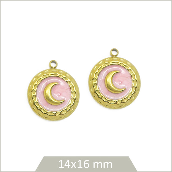 2 breloques rondes roses lunes en acier inoxydable doré