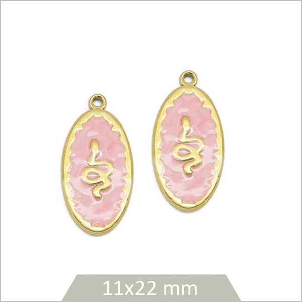 2 breloques ovales roses serpent en acier inoxydable doré