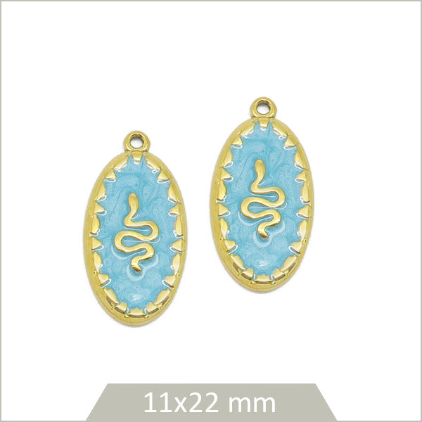 2 breloques ovales bleues serpent en acier inoxydable doré