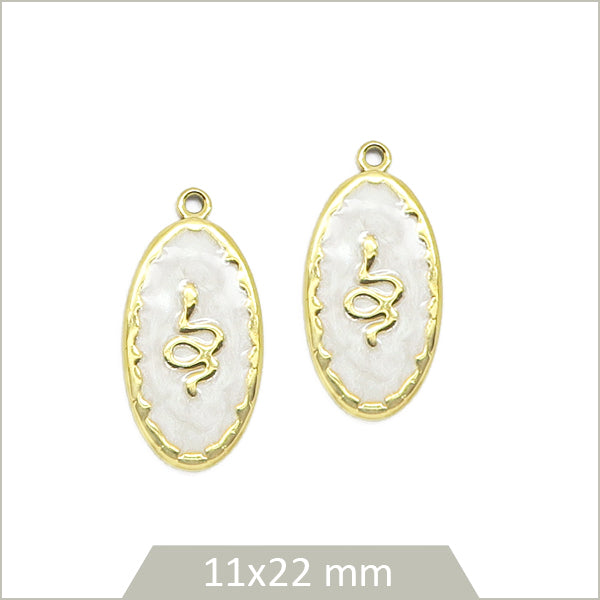 2 breloques ovales blanches serpent en acier inoxydable doré