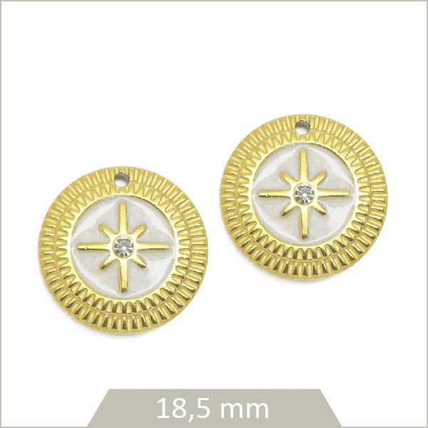 2 breloques rondes blanches étoiles polaires en acier inoxydable doré
