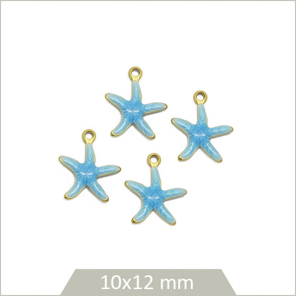 4 breloques étoiles de mer acier inoxydable doré et effet émail bleu