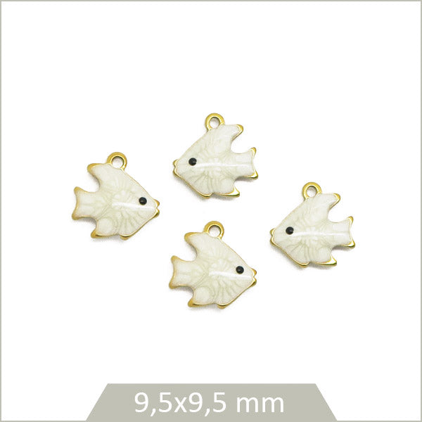 4 breloques poissons acier inoxydable doré et effet émail blanc