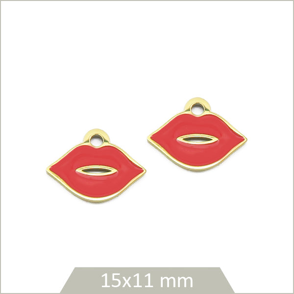 2 breloques bouche en acier inoxydable doré et effet émail coloré