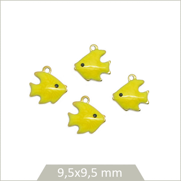 4 breloques poissons acier inoxydable doré et effet émail jaune