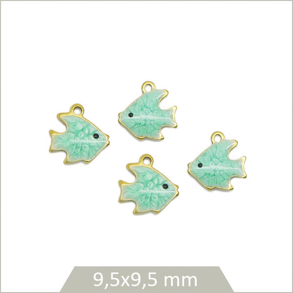 4 breloques poissons acier inoxydable doré et effet émail vert d'eau