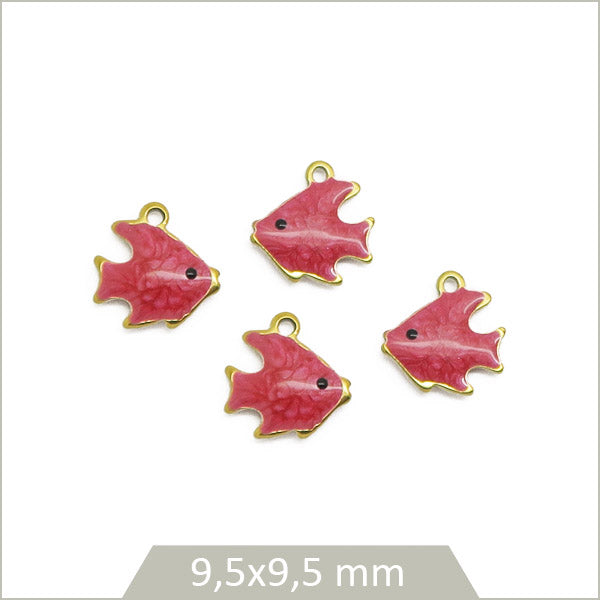 4 breloques poissons acier inoxydable doré et effet émail rose corail