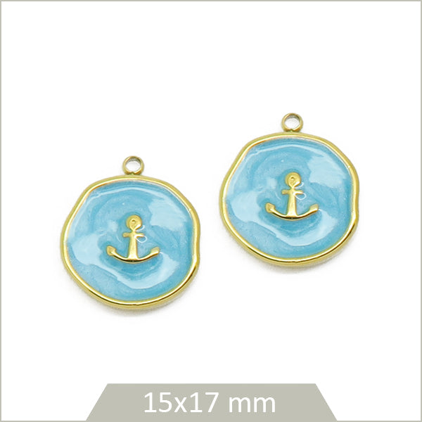 2 breloques bleues ancres en acier inoxydable doré