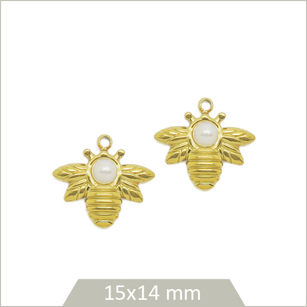 2 breloques abeilles perlées en acier inoxydable doré
