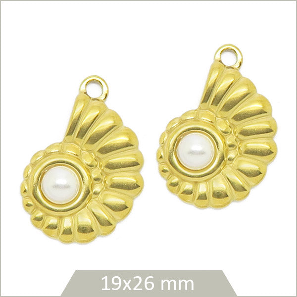 2 breloques coquillages fossiles perlés en acier inoxydable doré