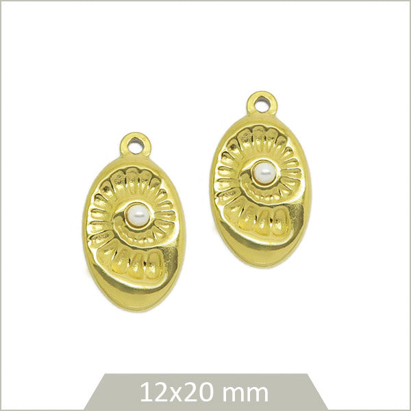2 breloques ovales coquillages fossiles perlés en acier inoxydable doré