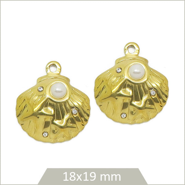 2 breloques coquillages perlés en acier inoxydable doré