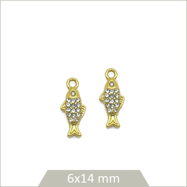2 breloques poisson en acier inoxydable doré et strass