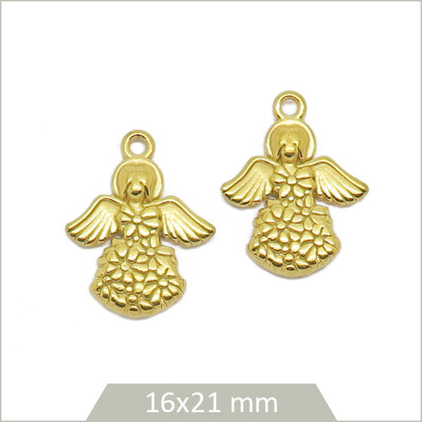 2 breloques anges motifs fleurs en acier inoxydable doré