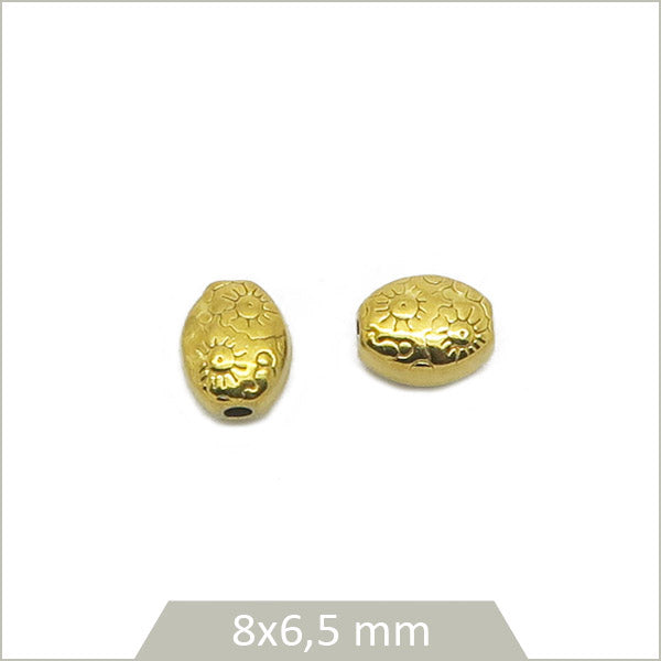 2 perles ethniques ovales motif soleil en acier inoxydable doré