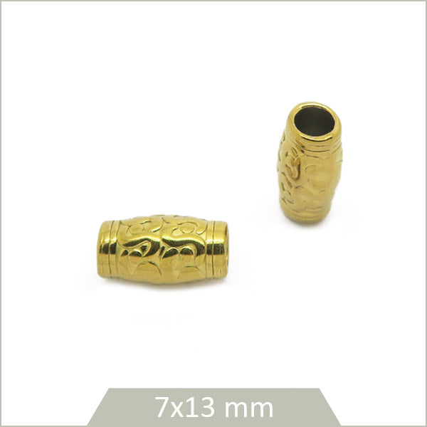 2 perles tubes ethniques motif floral en acier inoxydable doré