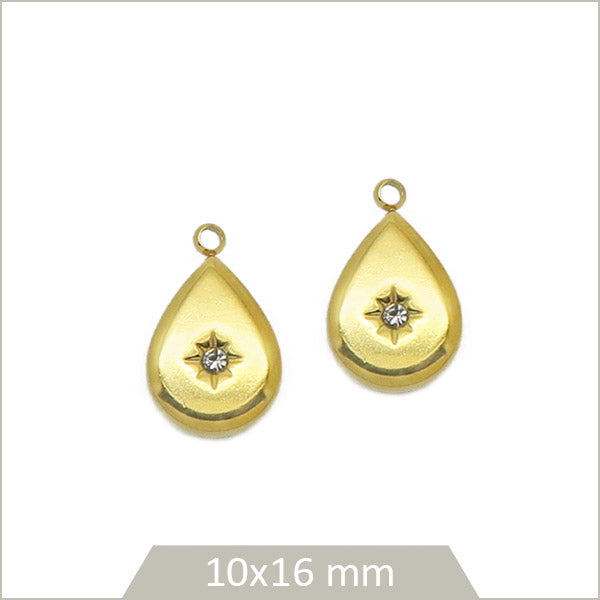 2 breloques goutte en acier inoxydable doré et strass verre