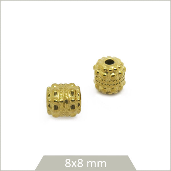 2 perles tubes ethniques texturées en acier inoxydable doré