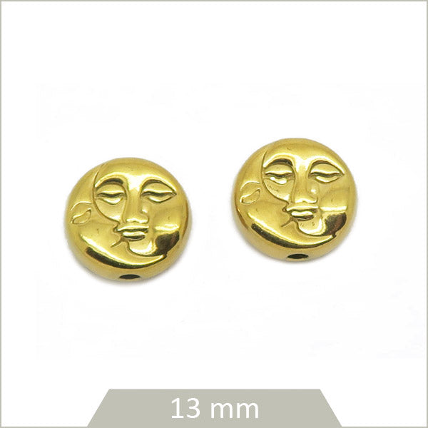 2 perles rondes plates têtes de lunes en acier inoxydable doré