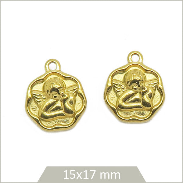 2 breloques anges dans cabochons floraux en acier inoxydable doré