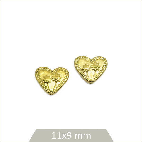 2 perles coeurs motif floral en acier inoxydable doré