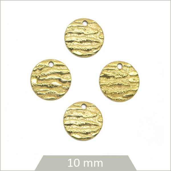 6 breloques rondes texturées 10 mm en acier doré