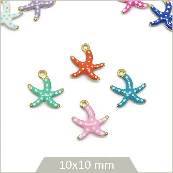 4 breloques étoiles de mer à pois acier inoxydable 304 doré et effet émail coloré (mix aléatoire)