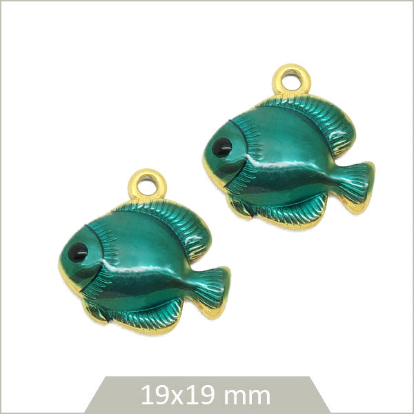 2 breloques poisson discus vert d'eau en acier inoxydable doré