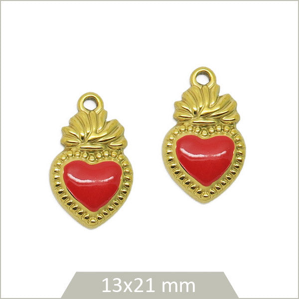 2 breloques cœur rouge acier inoxydable doré et effet émail coloré