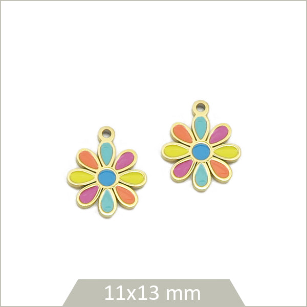 2 breloques fleur en acier inoxydable doré et effet émail multicolore