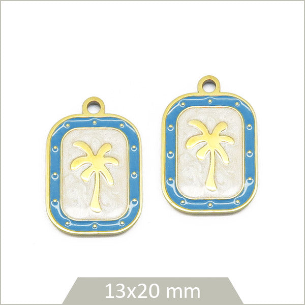 2 breloques rectangle palmier en acier inoxydable doré, effet émail bleu