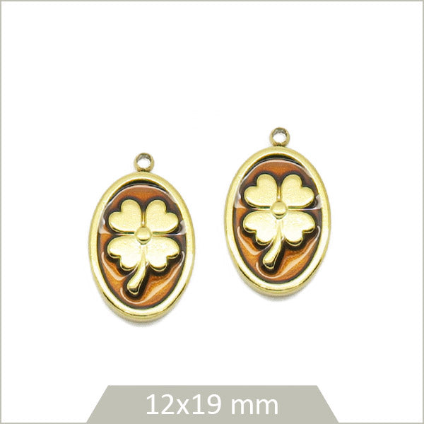 2 breloques ovales fond brun motif trèfle en acier inoxydable doré