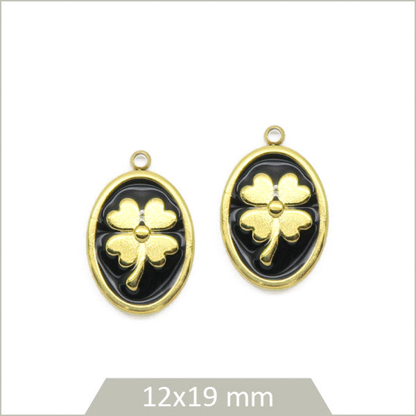 2 breloques ovales noires motif trèfle en acier inoxydable doré