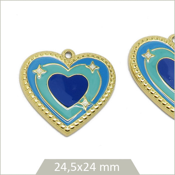 2 breloques acier doré cœur camaïeu de bleu
