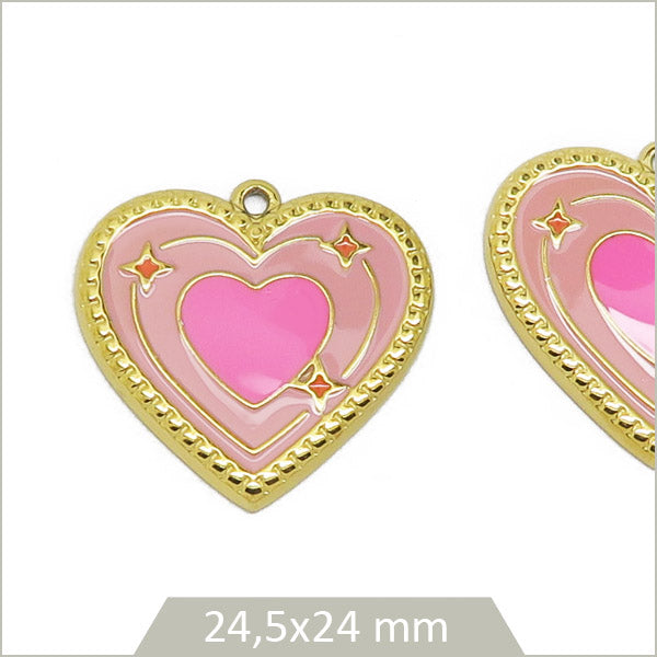 2 breloques acier doré cœur camaïeu de rose